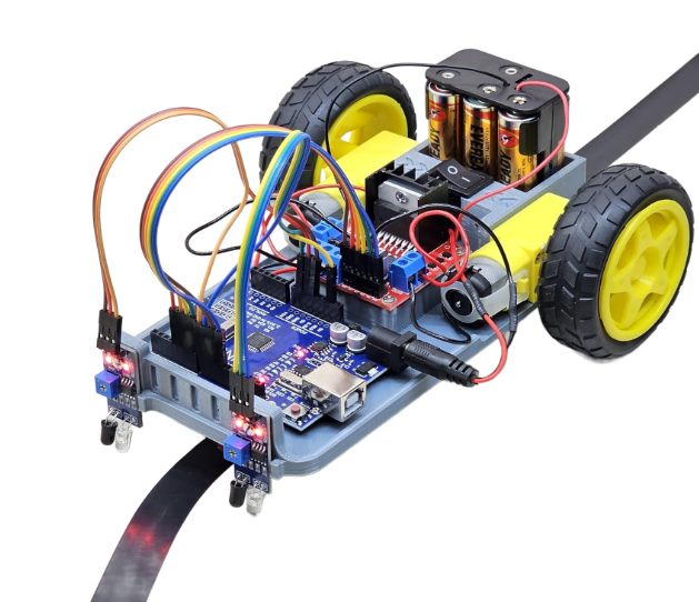 Line following robot built on a 3D-printed 2WD chassis with an Arduino Uno, IR line sensors and a motor driver
